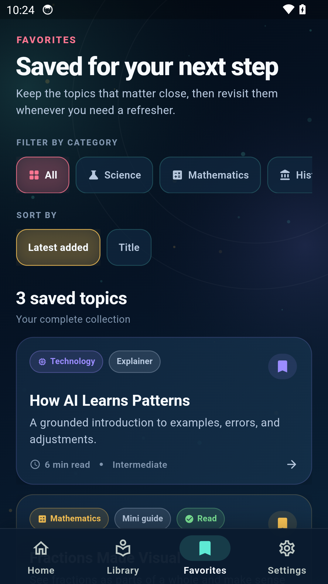 Bright Learning Hub favorites screen