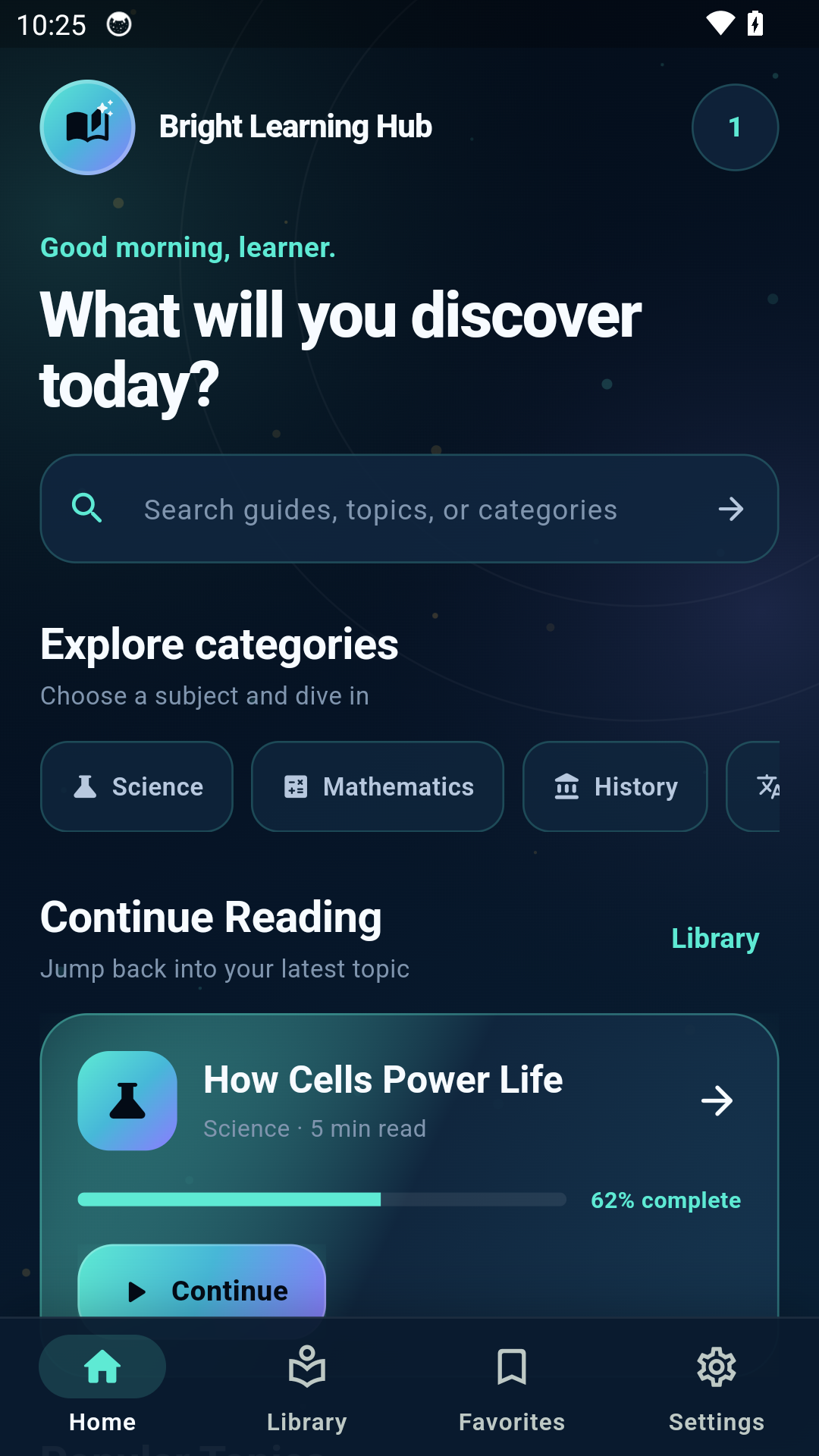 Bright Learning Hub home screen