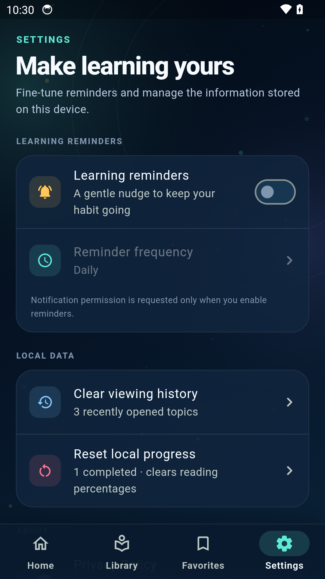 Bright Learning Hub settings screen